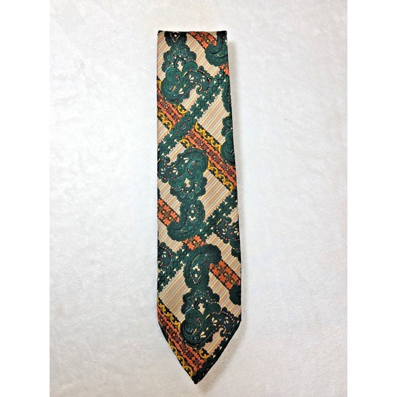 NEW! 1970s Mens Neckie VINTAGE Paisley Floral Green Orange Tapestry Oleg Cassini - Picture 2 of 12